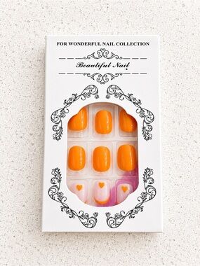 Press-On Set in Bright Orange with Pink Heart Accents